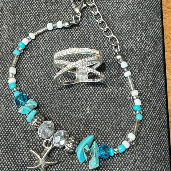 Turquoise ,white , pewter, stainless steel charm, clasp with ring. - Picture 3 of 3